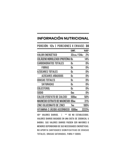 Información nutricional Collagen Plus Star Nutrition 360g