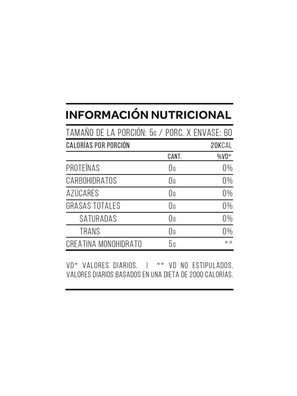 Información nutricional Creatina Monohidrato Star Nutrition 300g
